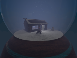 Small cabin in a snow globe
