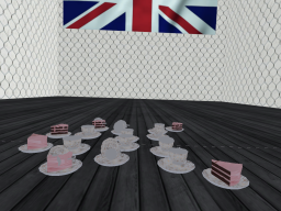 You're in a room with a tea party as Rule Britannia plays in the distance